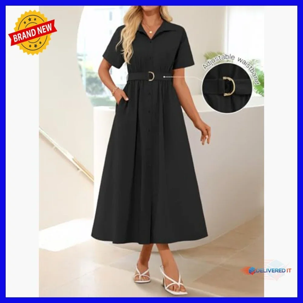 Summer Short Sleeve Midi Dress Button Down A Line Belt Work Casual